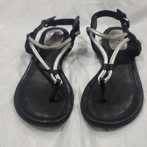 Women's Black T-Strap Sandals with Silver Accents
